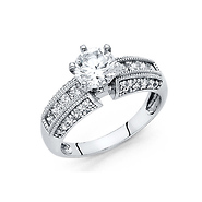 1-CT Round 4-Prong & Regal Princess Side CZ Engagement Ring in 14K White Gold