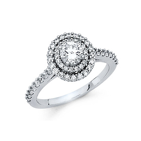 Round Halo & Scalloped Sides Cathedral CZ Engagement Ring in 14K White Gold