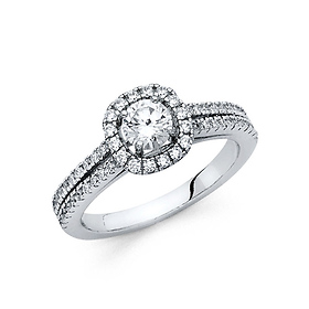 Square Halo & Cathedral Split Shank Round-Cut CZ Wedding Ring in 14K White Gold
