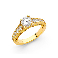 4-Prong Round Basket-Set & Pave Side CZ Wedding Ring in 14K Yellow Gold