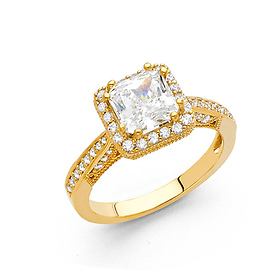 1.75 CT Princess-Cut Halo & Round Pave Side CZ Wedding Ring in 14K Yellow Gold