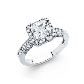 1.75 CT Princess-Cut Halo & Round Pave Side CZ Wedding Ring in 14K White Gold
