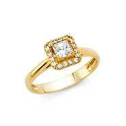 Square Halo Cathedral with Bridge Accent CZ Engagement Ring in 14K Yellow Gold