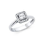 Square Halo Cathedral with Bridge Accent CZ Engagement Ring in 14K White Gold