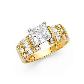 2.5-CT 4-Prong Princess with Baguette & Round Side CZ Engagement Ring in 14K Yellow Gold