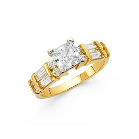 1.25-CT Basket Princess-Cut with Side Baguette & Round CZ Wedding Ring in 14K Yellow Gold