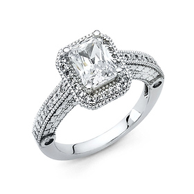 Vintage Halo 1.5-CT Radiant-Cut & Pave Round Side CZ Engagement Ring in 14K White Gold