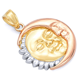 Smiling Face Sun & Moon Pendant in 14K Tricolor Gold - Petite