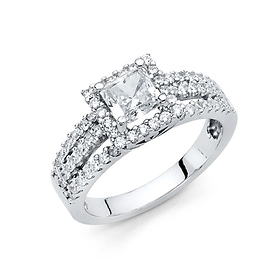 3-Row Scalloped Split Shank Side Halo Princess-Cut CZ Wedding Ring in 14K White Gold