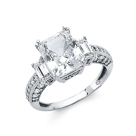 3-Stone Basket-Set 3CT Radiant-Cut & Pave Side CZ Engagement Ring in 14K White Gold