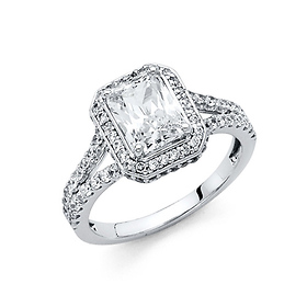 Scalloped Split Shank 1.75-CT Radiant-Cut Halo CZ Engagement Ring in 14K White Gold