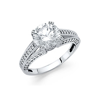 3CT Vintage-Style Round Basket & Pave Side CZ Engagement Ring in 14K White Gold
