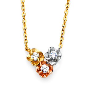 Three Roses CZ Floating Pendant Necklace in 14K TriGold