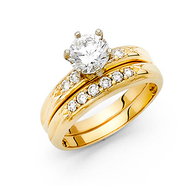 14K Yellow Gold Round CZ Wedding Ring Set