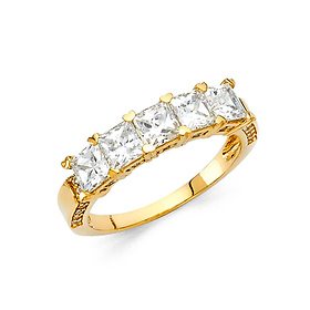 4mm 5-Stone Basket Heart-Prong  Princess-Cut CZ Wedding Band in 14K Yellow Gold