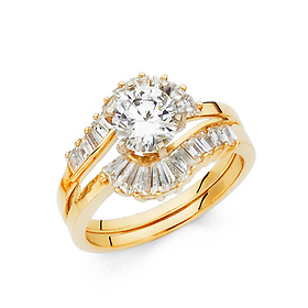 Contour 1.25CT Round & Baguette-Cut CZ Wedding Ring Set in 14K Yellow Gold