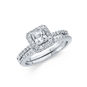 Halo Princess-Cut & Round Pave with Scalloped Side CZ Wedding Ring in 14K White Gold