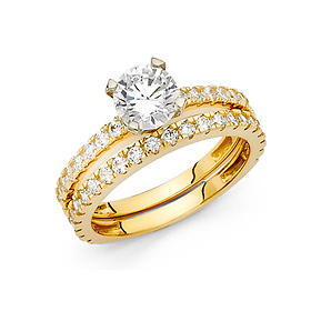 1-CT Round 4-Prong with Fishtail Side CZ Engagement Ring Set in 14K Yellow Gold