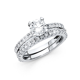 1-CT Round 4-Prong with Fishtail Side CZ Engagement Ring Set in 14K White Gold