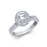 1.25CT Round & Pave Halo with Side Fishtail CZ Engagement Ring Set in 14K White Gold