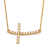 Curved CZ Sideways Cross Floating Charm Necklace in 14K Yellow Gold