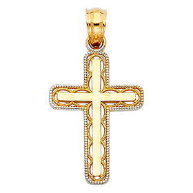 Petite Fancy Milgrain Cross Pendant in 14K Two-Tone Gold
