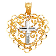 Filigree Heart Mini Cross Pendant in 14K Two Tone Gold