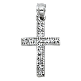 Petite Slender Milgrain Pave CZ Cross Pendant in 14K White Gold