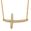 Floating Curved Micropave CZ Sideways Cross Necklace in 14K Yellow Gold