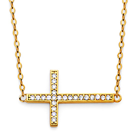 Floating Sideways Cross Necklace with Micropave CZs in 14K Yellow Gold