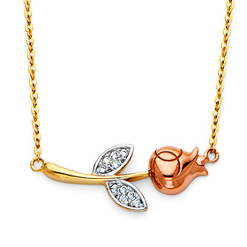 Red Rose CZ Floating Pendant Necklace in 14K TriGold