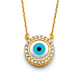 Floating CZ Circle Evil Eye Necklace in 14K Yellow Gold