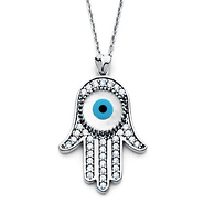 Hamsa Evil Eye Necklace with Micropave CZs in 14K White Gold