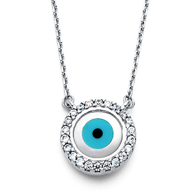 Floating Cubic Zirconia CZ Circle Evil Eye Necklace in 14K White Gold