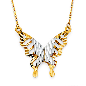 Floating Faceted Butterfly Necklace in Two Tone 14K Yellow Gold