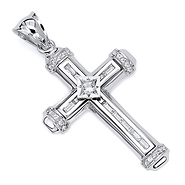 Medium Round & Baguette CZ Medium Cross Pendant in 14K White Gold