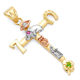 Small Good Luck Icon Cross Pendant in 14K TriGold