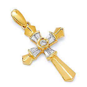 Fancy Small Tapered Baguette CZ Cross Pendant in14K Yellow Gold