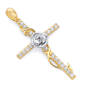 Small CZ White Rose Cross Pendant in 14K Yellow Gold