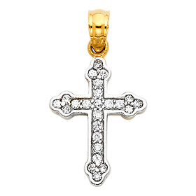 Petite CZ Pave Budded Cross Pendant in 14K Two-Tone Gold