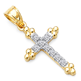 Petite Budded Pave CZ Cross Pendant in 14K Two-Tone Gold