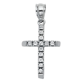 Petite Beveled Edge Slender CZ Cross Pendant in 14K White Gold