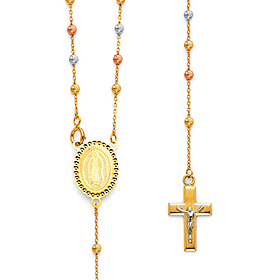 2.5mm Moon-Cut Bead Our Lady of Guadalupe Rosary Necklace in 14K TriGold 20in