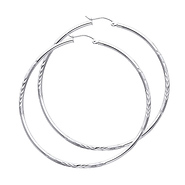14K White Gold Extra Large Hoop Earrings with Satin Diamond-Cut - 2mm x 2.5 inch
