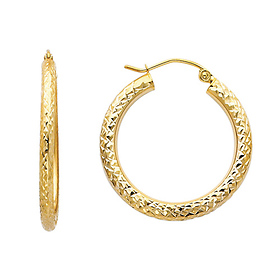Small Rounded Diamond-Cut Hoop Earrings - 14K Yellow Gold 3mm x 0.9 inch