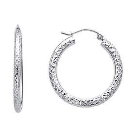 Small Rounded Diamond-Cut Hoop Earrings - 14K White Gold 3mm x 0.9 inch