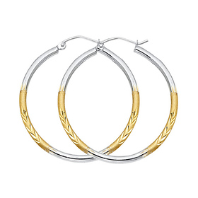 Satin Diamond-Cut & Polished Medium Hoop Earrings - 14K Two-Tone Gold 2mm x 1.1 inch