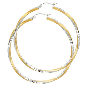 Large Twisted Satin Diamond-Cut Hinge Hoop Earrings - 14K Two-Tone Gold 2.6mm x 2.1 inch