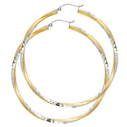 Large Twisted Satin Diamond-Cut Hinge Hoop Earrings - 14K Two-Tone Gold 2.6mm x 2.1 inch