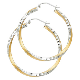 Medium Twisted Satin Diamond-Cut Hinge Hoop Earrings - 14K Two-Tone Gold 2.6mm x 1.3 inch